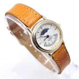 Vintage Quintel Watch Womens Gold Tone Stainless Steel Moonphase Date Dial Y2K